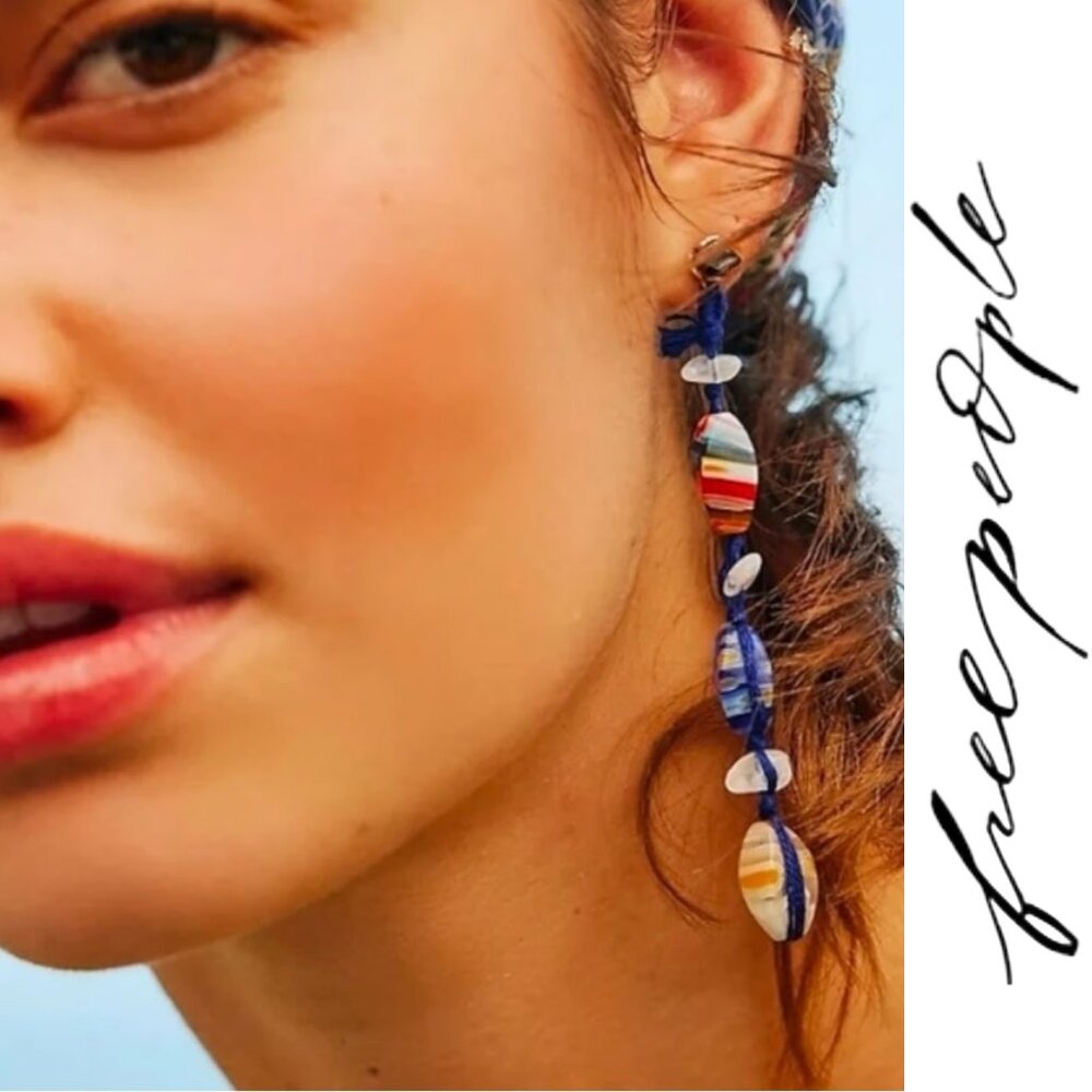Free People Blue Multi-Color Beaded Drop Earrings NWT